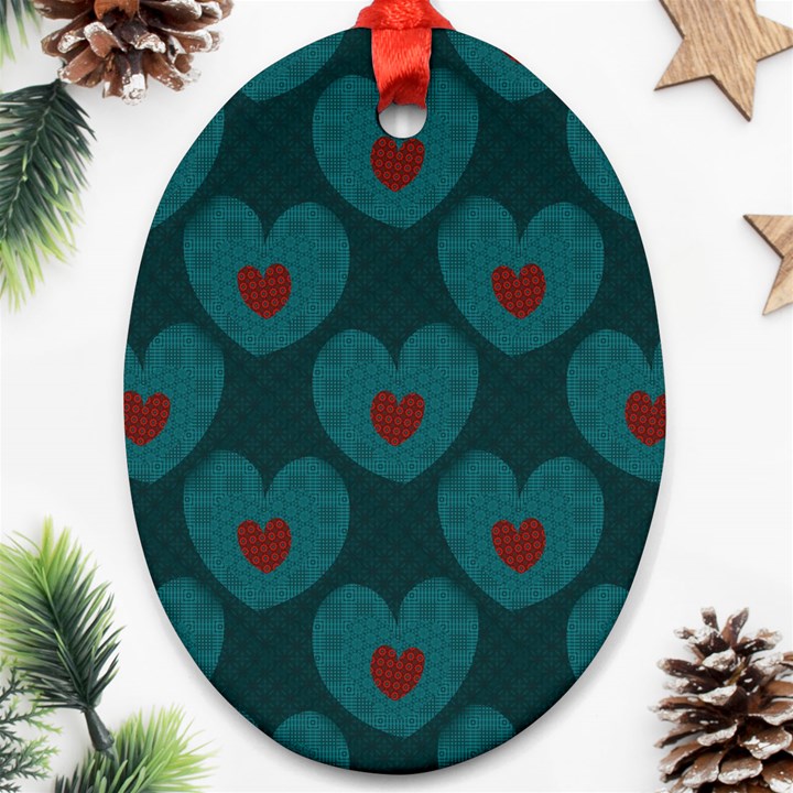 Teal and Red Hearts Oval Ornament (Two Sides)