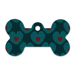 Teal And Red Hearts Dog Tag Bone (one Side) by SpinnyChairDesigns