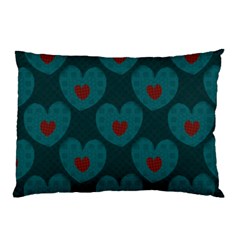 Teal And Red Hearts Pillow Case by SpinnyChairDesigns