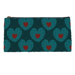 Teal And Red Hearts Pencil Case by SpinnyChairDesigns