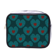 Teal And Red Hearts Mini Toiletries Bag (one Side) by SpinnyChairDesigns