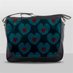 Teal And Red Hearts Messenger Bag by SpinnyChairDesigns