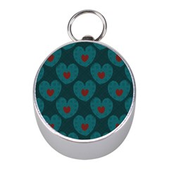 Teal And Red Hearts Mini Silver Compasses by SpinnyChairDesigns