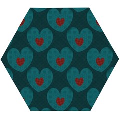 Teal And Red Hearts Wooden Puzzle Hexagon by SpinnyChairDesigns