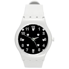 Black And White Polka Dot Hearts Round Plastic Sport Watch (m) by SpinnyChairDesigns