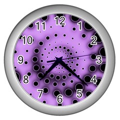 Abstract Black Purple Polka Dot Swirl Wall Clock (silver) by SpinnyChairDesigns