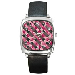 Abstract Pink Grey Stripes Square Metal Watch by SpinnyChairDesigns