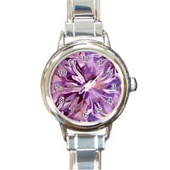 Plum Purple Abstract Floral Pattern Round Italian Charm Watch by SpinnyChairDesigns