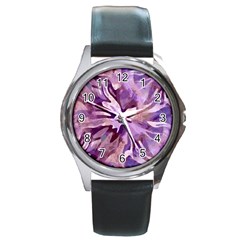 Plum Purple Abstract Floral Pattern Round Metal Watch by SpinnyChairDesigns