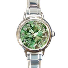 Green Brown Abstract Floral Pattern Round Italian Charm Watch by SpinnyChairDesigns