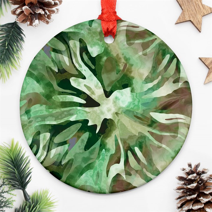 Green Brown Abstract Floral Pattern Ornament (Round)