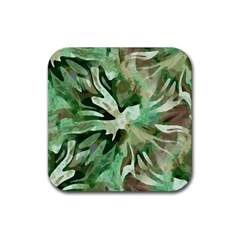 Green Brown Abstract Floral Pattern Rubber Coaster (square)  by SpinnyChairDesigns