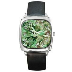 Green Brown Abstract Floral Pattern Square Metal Watch by SpinnyChairDesigns