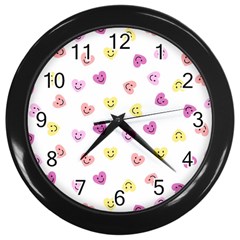 Cute Colorful Smiling Hearts Pattern Wall Clock (black) by SpinnyChairDesigns