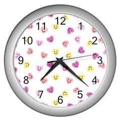 Cute Colorful Smiling Hearts Pattern Wall Clock (silver) by SpinnyChairDesigns