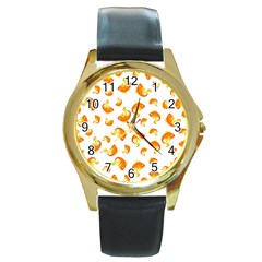 Orange Goldfish Pattern Round Gold Metal Watch by SpinnyChairDesigns