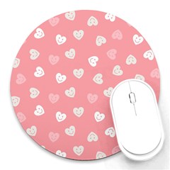 Cute Pink And White Hearts Round Mousepads by SpinnyChairDesigns