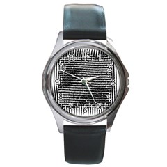 Black And White Abstract Grunge Stripes Round Metal Watch by SpinnyChairDesigns