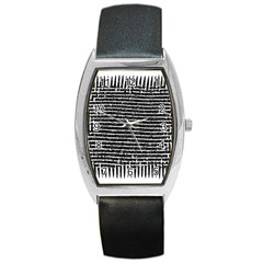 Black And White Abstract Grunge Stripes Barrel Style Metal Watch by SpinnyChairDesigns