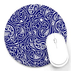 Blue White Paisley Intricate Swirls Round Mousepads