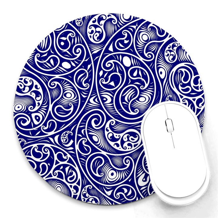 Blue White Paisley Intricate Swirls Round Mousepads