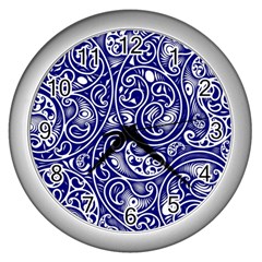 Blue White Paisley Intricate Swirls Wall Clock (silver) by SpinnyChairDesigns