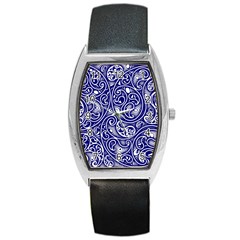 Blue White Paisley Intricate Swirls Barrel Style Metal Watch by SpinnyChairDesigns