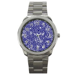 Blue White Paisley Intricate Swirls Sport Metal Watch by SpinnyChairDesigns