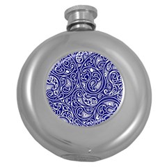 Blue White Paisley Intricate Swirls Round Hip Flask (5 Oz) by SpinnyChairDesigns