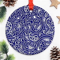 Blue White Paisley Intricate Swirls Round Ornament (two Sides) by SpinnyChairDesigns