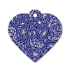 Blue White Paisley Intricate Swirls Dog Tag Heart (one Side) by SpinnyChairDesigns