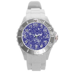 Blue White Paisley Intricate Swirls Round Plastic Sport Watch (l) by SpinnyChairDesigns