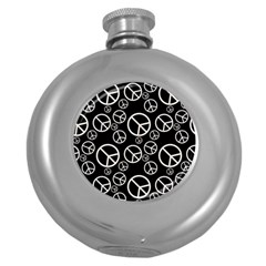 Black And White Peace Symbols Round Hip Flask (5 Oz) by SpinnyChairDesigns