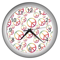 Colorful Rainbow Peace Symbols Wall Clock (silver) by SpinnyChairDesigns