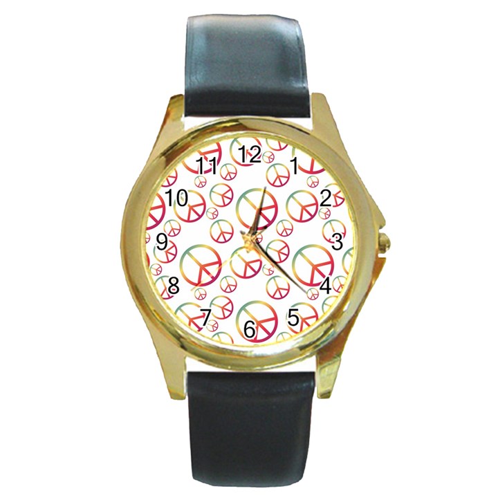 Colorful Rainbow Peace Symbols Round Gold Metal Watch