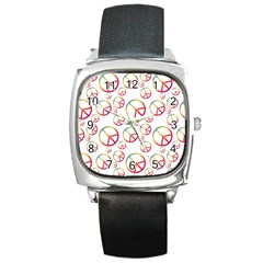 Colorful Rainbow Peace Symbols Square Metal Watch by SpinnyChairDesigns