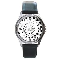 Abstract Black And White Polka Dots Round Metal Watch by SpinnyChairDesigns