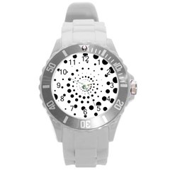 Abstract Black And White Polka Dots Round Plastic Sport Watch (l) by SpinnyChairDesigns