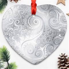 White Silver Swirls Pattern Ornament (heart) by SpinnyChairDesigns