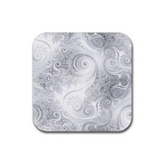 White Silver Swirls Pattern Rubber Coaster (square)  by SpinnyChairDesigns