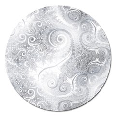 White Silver Swirls Pattern Magnet 5  (round) by SpinnyChairDesigns