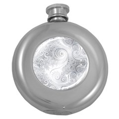 White Silver Swirls Pattern Round Hip Flask (5 Oz) by SpinnyChairDesigns