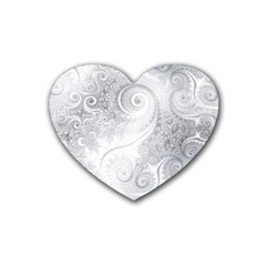 White Silver Swirls Pattern Rubber Coaster (heart)  by SpinnyChairDesigns