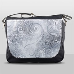 White Silver Swirls Pattern Messenger Bag by SpinnyChairDesigns