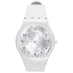 White Silver Swirls Pattern Round Plastic Sport Watch (m) by SpinnyChairDesigns