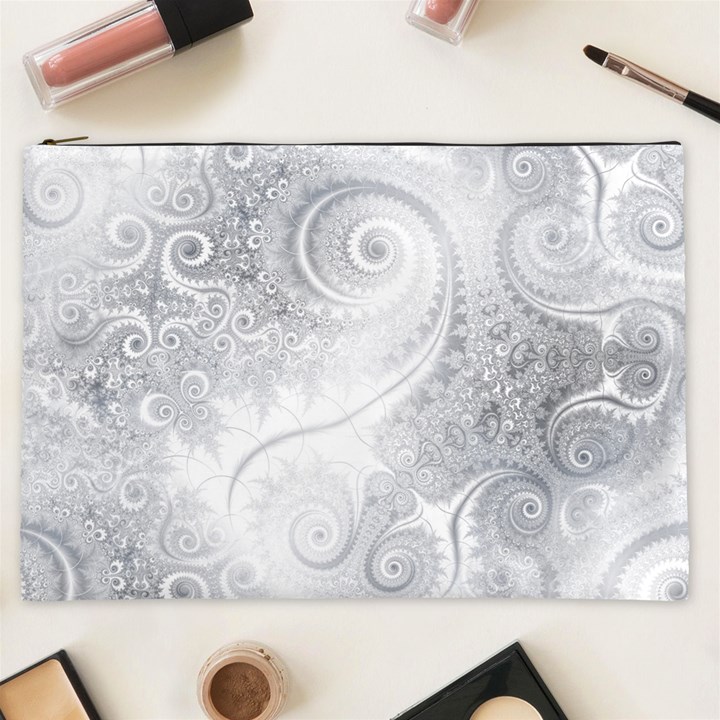 White Silver Swirls Pattern Cosmetic Bag (XXL)