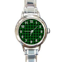 Black Dark Green Buffalo Plaid Round Italian Charm Watch by SpinnyChairDesigns