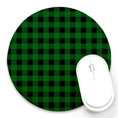 Black Dark Green Buffalo Plaid Round Mousepads by SpinnyChairDesigns