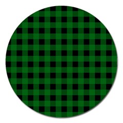 Black Dark Green Buffalo Plaid Magnet 5  (round) by SpinnyChairDesigns