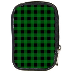 Black Dark Green Buffalo Plaid Compact Camera Leather Case by SpinnyChairDesigns